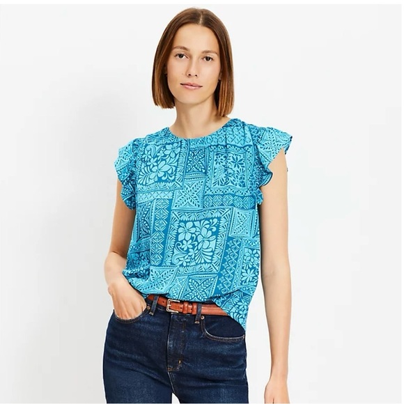 NWT Loft Tile Flutter Sleeve Mixed Media Top, Size Large - Picture 1 of 10